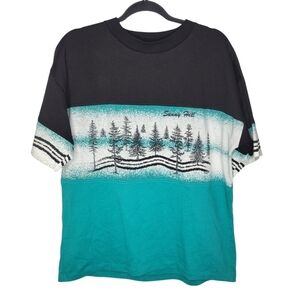 Vintage 80s Sunny Hill Snow Winter Forest Trees Colorblock Graphic T-Shirt Sz M